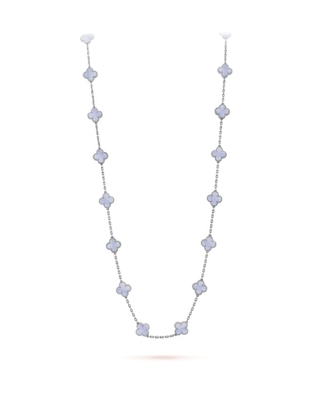 Vintage Alhambra long necklace 20 motifs in 18K white gold Chalcedony, SGD 31,900 (approximately P1,382,498.15), VAN CLEEF & ARPELS, vancleefarpels.com